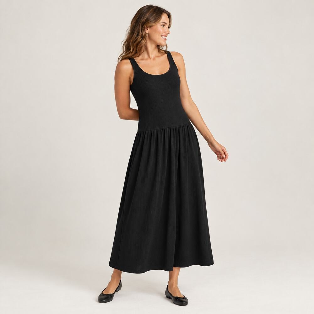 Universal Thread Rib Knit Maxi Dress Size M Black Sleeveless Flowy Bottom Soft